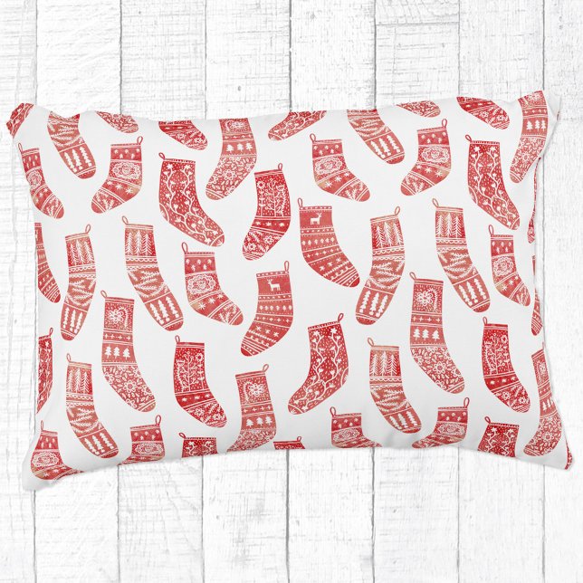 Coussins Décoratifs Motif norvégien des restes de Noël (Norwegian red and white knitted stockings and socks pattern festive throw pillow)