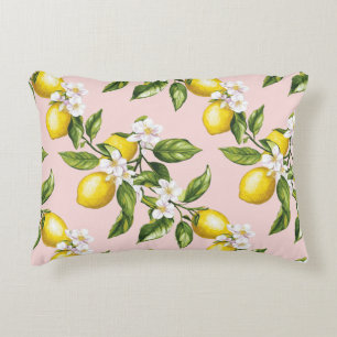 Coussins Décoratifs Motif vintage citron et fleurs sur rose (2)