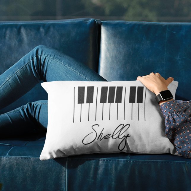 Coussins Décoratifs Musique Enseignant Piano Nom du clavier de l'élève (Piano keyboard black and white pillow with personalized name in script)