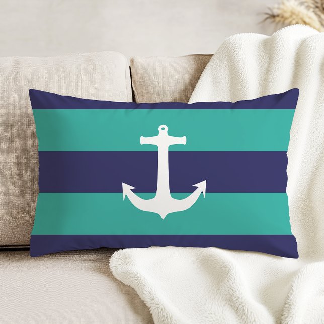 Coussins Décoratifs Nautical Navy Blue Turquoise Stripes White Anchor (Créateur téléchargé)