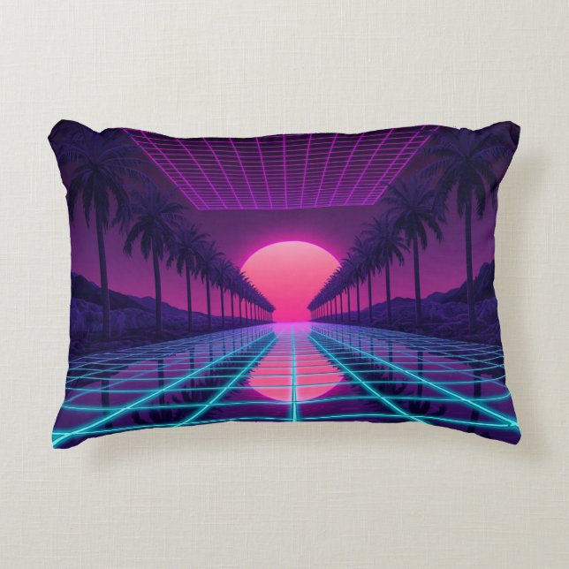 Coussins Décoratifs Neon Synthwave Grid & Palms Retro Pillow (Devant)