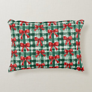 Coussins Décoratifs Noël Carreaux Verts Ruban Rouge