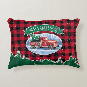 Coussins Décoratifs Noël Vintage Camion Rouge Buffalo Plaid Ajouter No