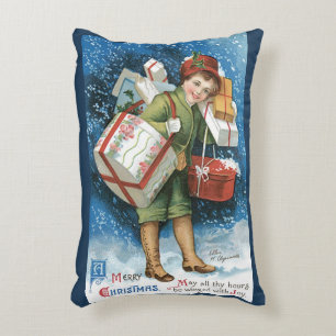 Coussins Décoratifs Noël vintage, fille avec des cadeaux dans la neige