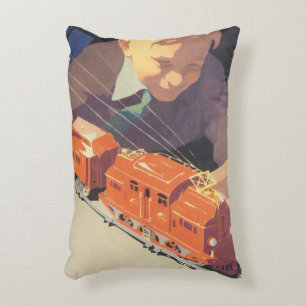 Coussins Décoratifs Noël vintage, garçon jouant avec des trains jouets