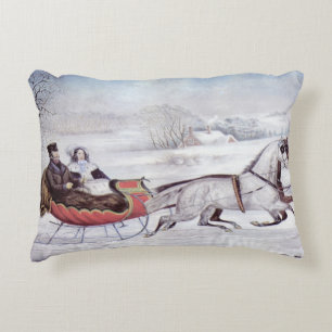 Coussins Décoratifs Noël vintage, La route d'hiver, Traîneau à cheval