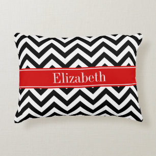 Coussins Décoratifs Noir Blanc LG Chevron Rouge Nom Monogramme