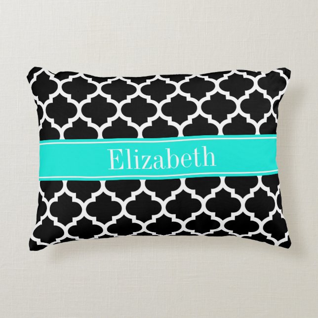 Coussins Décoratifs Noir Blanc Marocain #5 Brt Aqua Nom Monogramme (Devant)