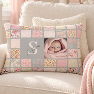 Coussins Décoratifs Nom de photo personnalisé Monogramme Patchwork Ros