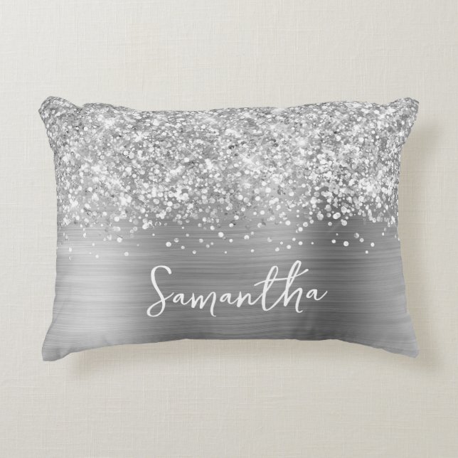 Coussins Décoratifs Nom du script Glittery Silver Glam (Devant)