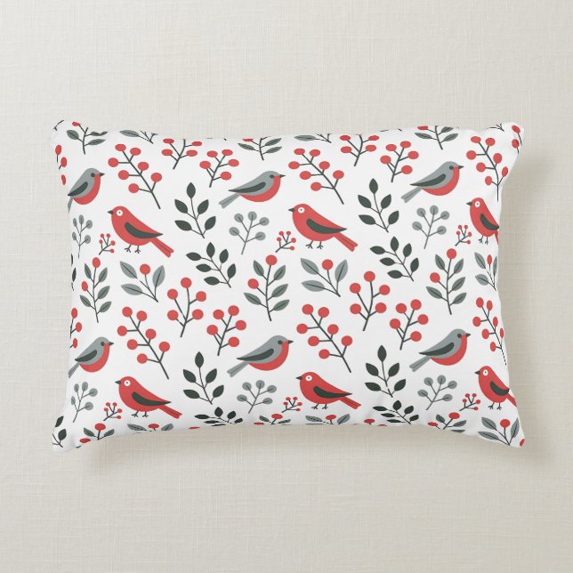 Coussins Décoratifs Oiseau de Noël aux Baies Rouges Modernes  (Devant)