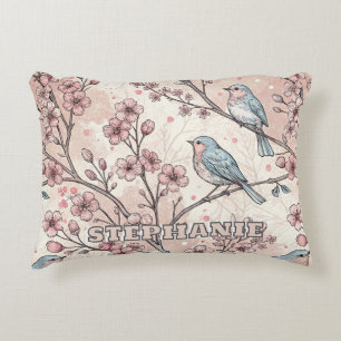 Coussins Décoratifs Oiseaux Bleus Pastel avec Fleurs de Cerisier Roses