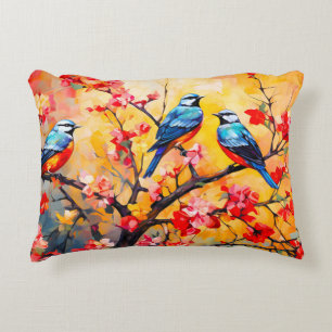 Coussins Décoratifs Oiseaux de printemps colorés en fleurs
