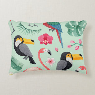 Coussins Décoratifs Oiseaux tropicaux, fleurs, motif d'aquarelle.