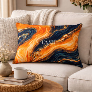 Coussins Décoratifs Orange et Nuit Marine Marbre Abstrait Nom