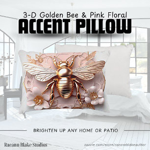 Coussins Décoratifs Oreiller accentué d'abeille dorée 3D et de fleurs 