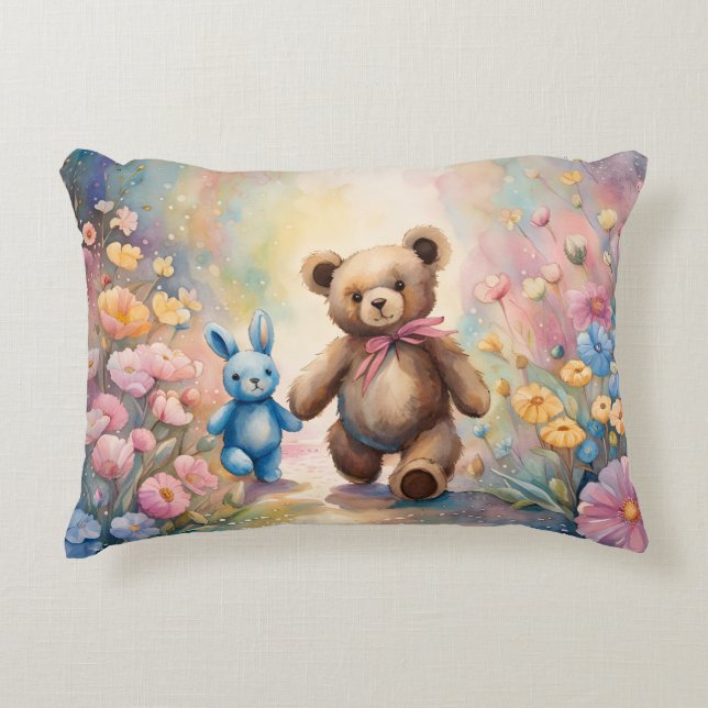 Coussins Décoratifs Ours en peluche et lapin dans un jardin pastel (Devant)