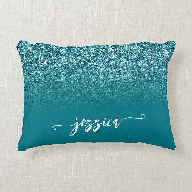 Coussins Décoratifs Pailleté Ombré Turquoise Moderne Script (Devant)