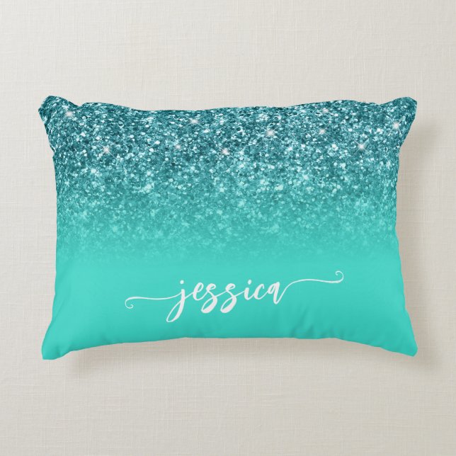 Coussins Décoratifs Pailleté sarcelle turquoise ombré écriture moderne (Devant)