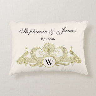 Coussins Décoratifs Paons vintage monogramme or faux ivoire BG