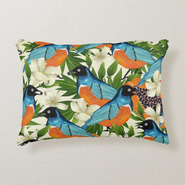 Coussins Décoratifs papaye tropicale et motif d'oiseaux. (Devant)