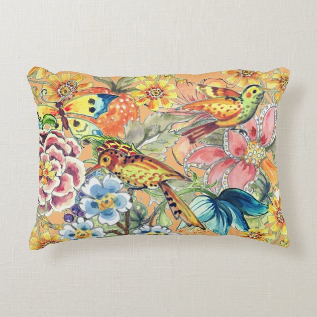Coussins Décoratifs Papillon d'oiseau floral tropical Pêche orientale (Devant)