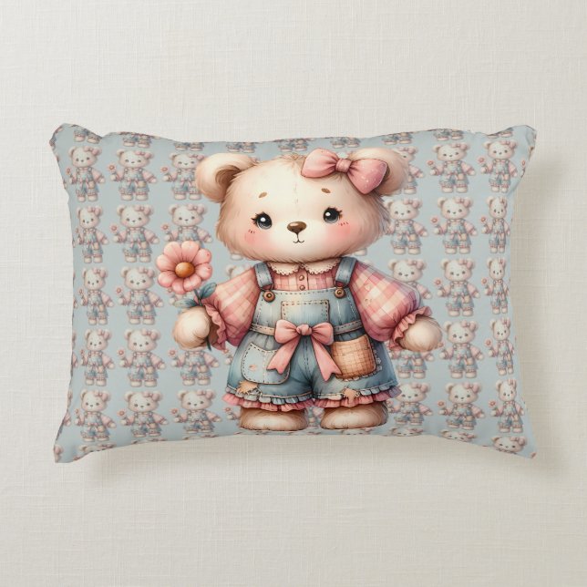 Coussins Décoratifs Pastel Teddy Bear Holding Flower Wear Overalls (Devant)