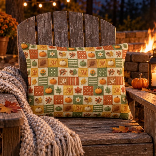 Coussins Décoratifs Patchwork Automnal Citrouille Monogramme Rustique (Créateur téléchargé)