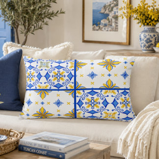 Coussins Décoratifs Patchwork de carreaux méditerranéens bleu jaune