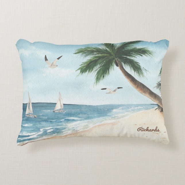 Coussins Décoratifs Paysage de plage avec voiliers Aquarelle Bleu (Devant)