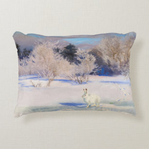 Coussins Décoratifs Paysage d'hiver avec un lièvre blanc par B. Liljef