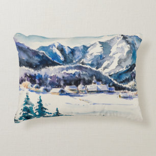 Coussins Décoratifs Paysage d'hiver avec village de montagne couvert