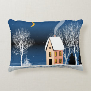 Coussins Décoratifs Paysage nocturne d'hiver. Maison cosy, divers arbr