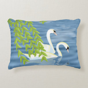 Coussins Décoratifs Peinture Couple bleu et vert de cygnes sur le lac
