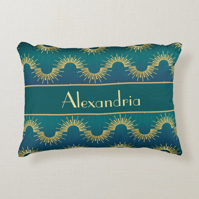 Coussins Décoratifs Personalized Teal & Gold Art Deco Sunburst Name (Devant)
