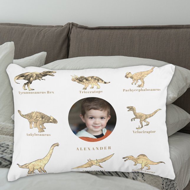Coussins Décoratifs Personnalisé Dinosaur Boys Photo et nom (Dinosaur boys personalized photo and name white pillow educational Dino names for kids)