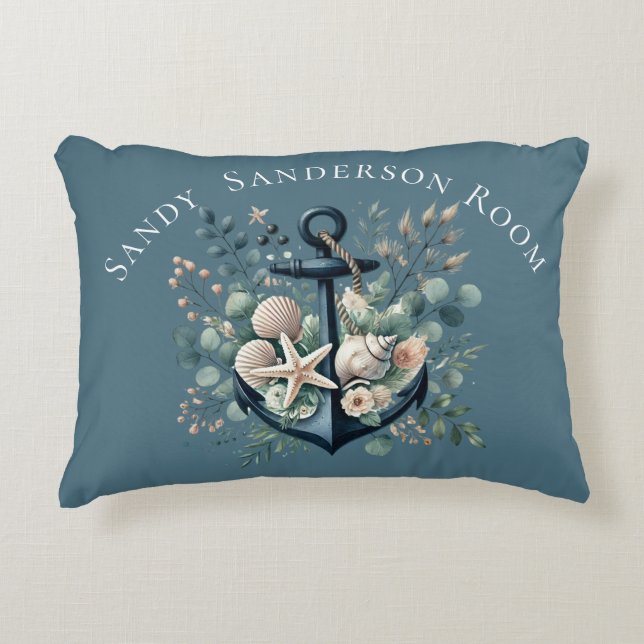 Coussins Décoratifs Personnaliser Boho Blue Coastal Ancre Round (Devant)