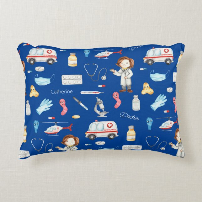 Coussins Décoratifs Petite fille docteur Motif Médicale avec nom, bleu (Devant)