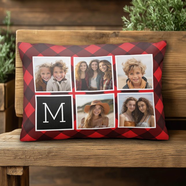 Coussins Décoratifs Photo Collage - Monogramme Rouge Buffle Noir Plaid (Custom Photo Pillow)