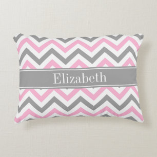 Coussins Décoratifs Pink Dk Gray White LG Chevron Gray Name Monogram