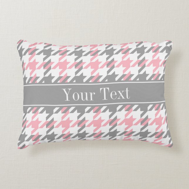 Coussins Décoratifs Pink White Dk Gray Houndstooth Nom Monogram (Devant)