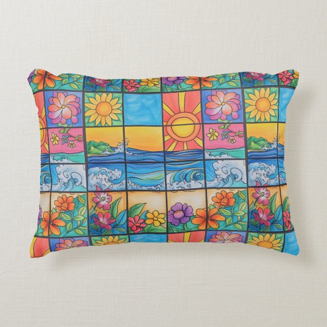 Coussins Décoratifs plage d'été océan et fleurs (Devant)