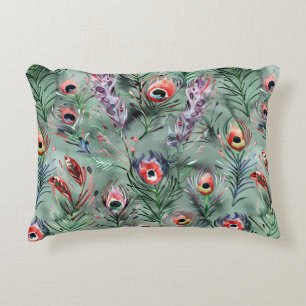 Coussins Décoratifs Plumes de paon vert rouge