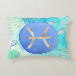 Coussins Décoratifs Poissons Bleu Vert Aquarelle Astrologie Zodiaque