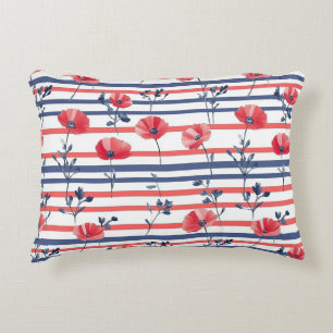 Coussins Décoratifs Poppies rouges avec Feuilles bleus et Motif rayé 2