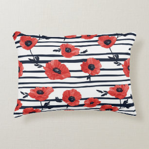 Coussins Décoratifs Poppies rouges avec Feuilles bleus et Motif rayé 3