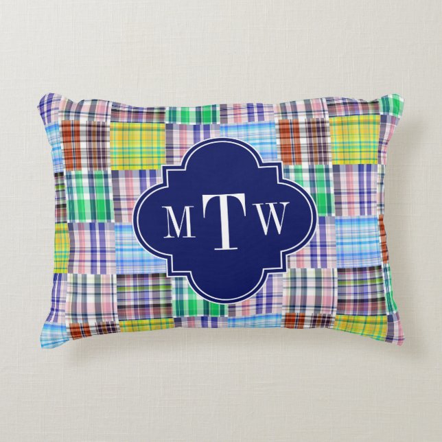 Coussins Décoratifs Preppy Patchwork Madras Navy Quatrefoil Monogramme (Devant)