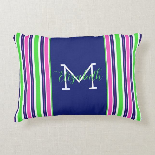 Coussins Décoratifs Preppy rose Green Navy Bleu Stripe Monogramme (Devant)