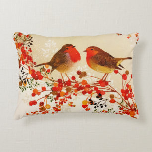Coussins Décoratifs Red Gold Winter Birds Holly Berry Branches
