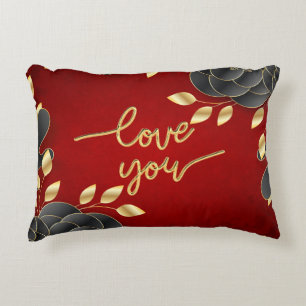 Coussins Décoratifs Red Love You avec bordure florale noire et or